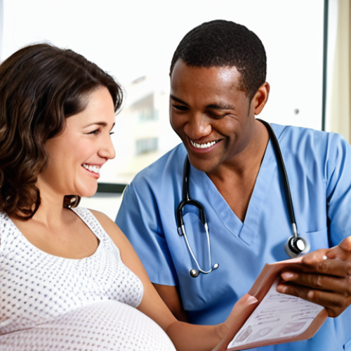 Home 11 **
A pregnant woman at her first prenatal appointment, smiling and talking with her doctor. The doctor is reviewing medical records. The atmosphere is calm and reassuring. The scene should evoke feelings of trust and care. Include medical instruments subtly in the background. Focus on the connection between the patient and doctor.
**