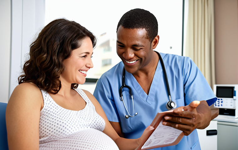 **

A pregnant woman at her first prenatal appointment, smiling and talking with her doctor. The doctor is reviewing medical records. The atmosphere is calm and reassuring. The scene should evoke feelings of trust and care. Include medical instruments subtly in the background. Focus on the connection between the patient and doctor.

**