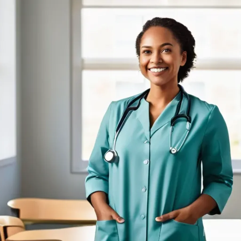 산부인과에서 하는 정기 검진 종류 - **Prompt:** A diverse woman, aged around 30-40, stands confidently and smiling brightly in a modern,...