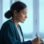 Home 11 건강검진에서 자주 발견되는 이상 소견 - **Prompt:** A thoughtful adult woman in her mid-30s, dressed in a stylish yet modest cardigan over a...