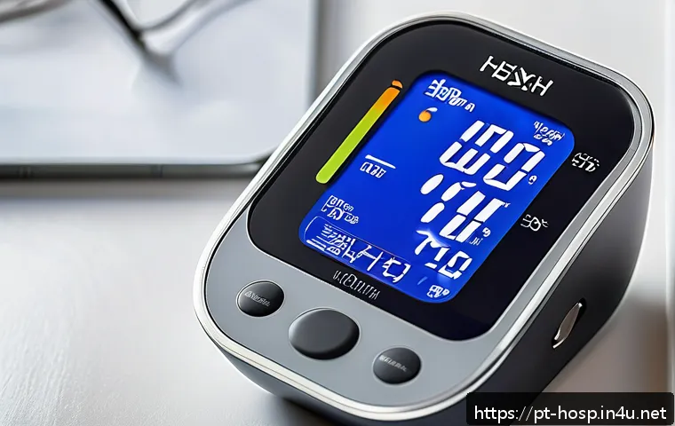 최신 혈압 측정기 스펙 비교 - A modern digital blood pressure monitor displayed on a clean white table next to a smartphone showin...